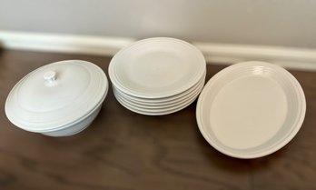 Unique White Set Of Fiesta Ware - 6 Plates, 1 Platter, And 1 Soup Pot W/ Cover