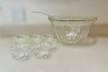 Intricate Clear Glass Grape Punch Bowl & Cups W/ Plastic Ladle