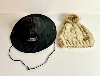 Alaskan Outfitters Medium Fishing Hat & Tan Pom Pom Beanie W/ Faux Fur - Lot Of 2