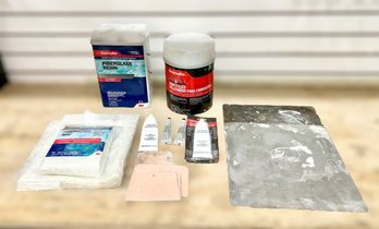 Set Of Fiberglass & Bondo Repair Materials W/ Fiberglass Mat & Resin, Body Filler, Hardeners, Tray, & Scrapers