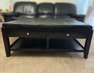 Coffee Table W/ Black Faux Leather Tufted Top