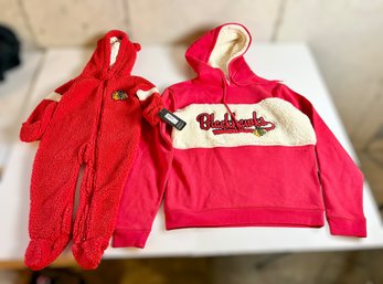 Chicago Blackhawks Fuzzy Red Adult Medium Hoodie & Matching Fuzzy Infant 18M Baby Onesie