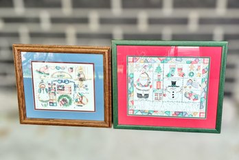 Adorable Seasonal Decorative Framed Prints W/ Santa Clause, Fruits, & Animals - Lot Of 2