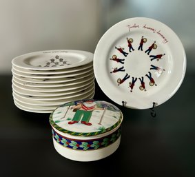 Christmas Collection W/ Twelve Days Of Christmas Plates & Mugs, Candle Holder, & Bowl