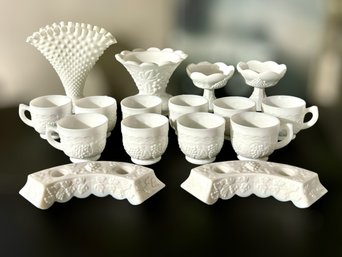 Wonderful Assortment Of Milk Glass Cups, Candle Holders, & Vases