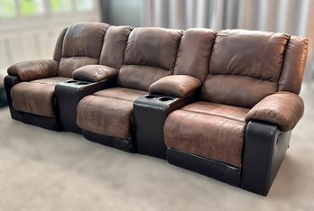 Remarkable 115 Inch Brown & Black Leather Reclining Ashley Furniture Couch W/ Cup Holders & Arm Rests