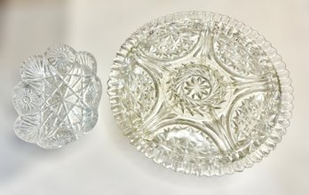 Ornate Clear Cut Glass Bowl & Platter - Lot Of 2