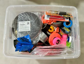 Large Assortment Of Duct Tape, Flagging Ribbon Tape, Gorilla Glue, & Marking Flags W/ Plastic Container