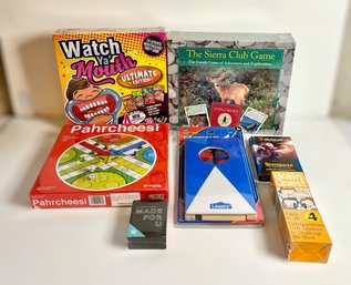 Exciting Assortment Of Family Games W/ Cornhole, Pahrcheesi, Watch Ya Mouth, Brain Quest, And More - Lot Of 7