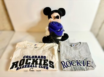 Colorado Rockies T-shirts & Mickey Mouse Blanket/pillow Set - Lot Of 3