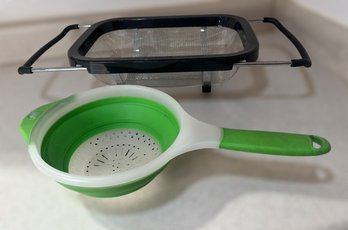 A Plastic And Rubber Collapsible Strainer And A  Metal Mesh And Plastic Strainer