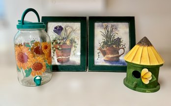 Wonderful Flower Decorations W/ 2 Annie LaPoint Prints, Glass Sunflower Dispenser, & Sunflower Birdhouse