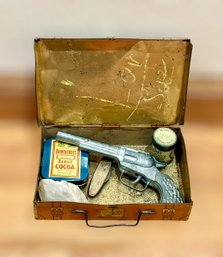 Tiny Vintage Set W/ Jack & Jill Box, Imposter Gun, Tin Containers, & A White Stone