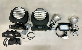 Collection Of Show Lights W/ 2 LED Moving Head Lights, A Flood Light, & 2 Industrial Lights - Lot Of 5