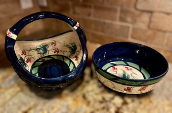 Stunning Hand Painted Gail Pittman Woven Ceramic Basket And Fruit Bowl