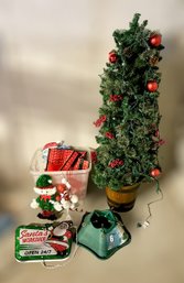 Great Assortment Of Christmas Decorations W/ Small Tree, 6 Ft Tree Stand, Ornaments, Window Decor, & More