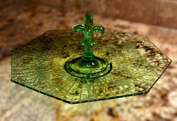 Beautiful Green Floral Etched Glass Platter And Clear Floral Etched Glass Serving Dish