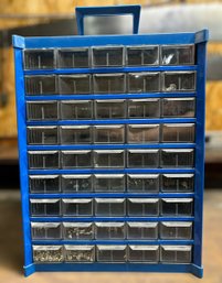 Blue Metal Tool Organizer W/ 45 Small Plastic Drawers Filled W/  Various Screws