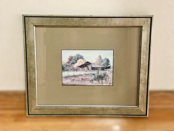 Framed Print Of A Tractor In Front Of A Barn W/ Trees By Judy Richardson