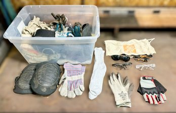 Assortment Of Safety Work Gear W/ Gloves, Socks, Hand Warmers, Safety Glasses, Canvas Tool Aprons, & Knee Pads