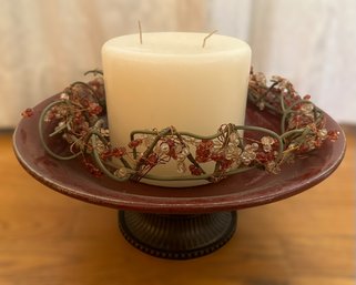 Beautiful Ceramic Candle Holder Center Piece With A Beautiful Berry Wreath And Cream Colored Candle