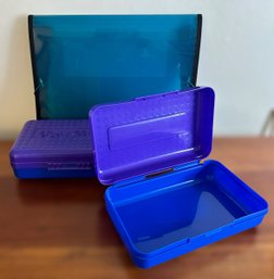 Teal Accordion File And 2 Blue And Purple Pencil Boxes