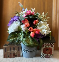 Faux Plants In A Tin Pot And 3 Wooden Wall Decor