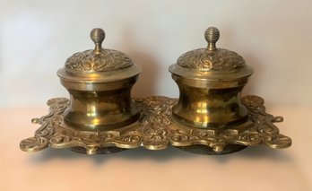 Antique Brass Double Inkwell With An Elegant Ornate Design