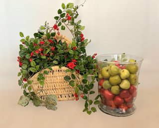 Beautiful Vase Filled With Faux Miniature Apples And A Romantic Faux Rose Filled Basket.