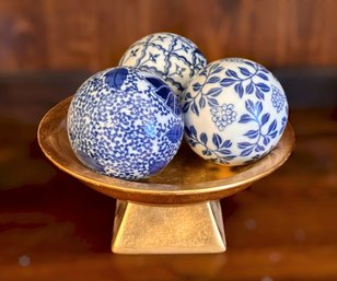 Vintage Chinoiserie Decorative Cobalt Blue And White Balls And Elegant Golden Bowl
