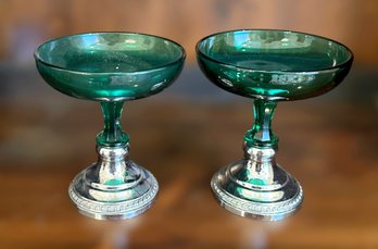 Exquisite Vintage Emerald Green And Chrome Drinking Goblets - Lot Of 2
