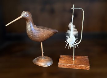 Unique Lot Of A Bird Figure And One Of A Kind Seashell On Display
