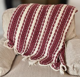 Lovely Burgundy And White Stripped Knitted Throw Blanket
