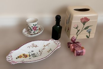 Floral Collection Of Bathroom Essentials Featuring A Vintage Two's Company Trinket Tray