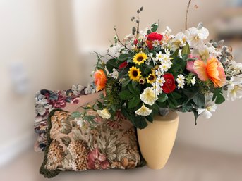 Decorative Floral Throw Pillows And Floral Arrangement