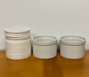 Farmhouse Style Butter Container And 2 Anchor Hocking  Crocks - Lot Of 3