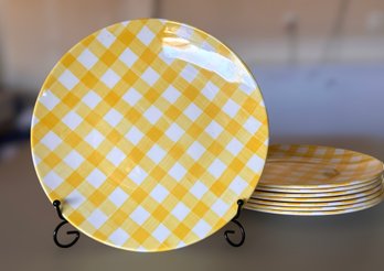 Sunshine Yellow Check Dinner Plates - Lot Of 8