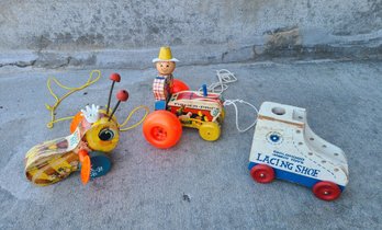 Vintage 1960's  Toys Featuring Fisher Price Pull Toy, Placing Shoe And Fisher Price Queen Buzzy Bee Pull Toy