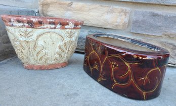 Elegant Decorative Glazed Garden Pots - Lot Of 2