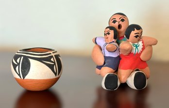 Hand Crafted Mzuni Mother And Children Figure And Hand Crafted Miniature Pottery By Hilda Coriz