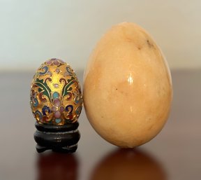 Gorgeous Cloisonne Enamel On Brass Eggs With Stand And Polished Stone Egg