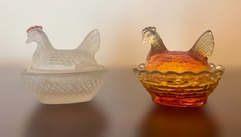 Vintage Amberina Glass Hen Cover Dish And Frosted Glass Nesting Hen Dish