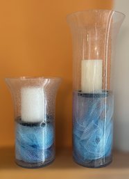 Unique Hurricane Candles With Blue Mesh Ribbon