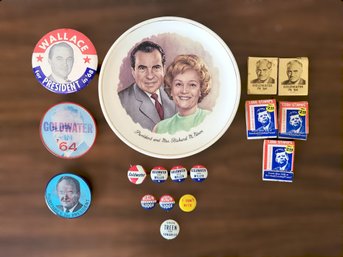 Vintage Presidential Campaign Plate, Buttons, And Matchbook Covers