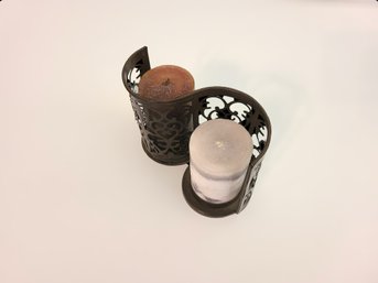 Dark Brown Metal Candle Holder W/ Two Unused Candles