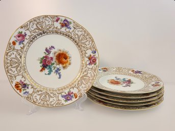 Beautiful Porcelain Floral Dinner Plates W/ Gold Accents Made In Bohemia - Lot Of 6