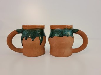 Two Handmade Green Drip Glazed Terracotta Mugs