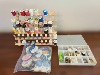 Large Assortment Of Sewing Materials,  Spools Of Colorful Thread  And Spool Stand