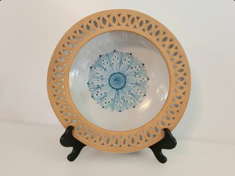 Hand Made Filadelfio Todaro Large Pottery Bowl W/ A Blue Flower And Lattice Rim  Made In Italy