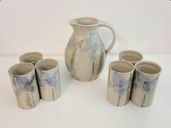 Lovely Mereau Studio Pottery Blue Iris Pitcher And 6 Cups